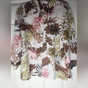Vintage JM Collection 16 100% LINEN  Art Print RolltabSlv Women’s Blouse Shirt